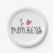 I Love Monkeys Cute Handwritten Typography Pappteller (Vorderseite)