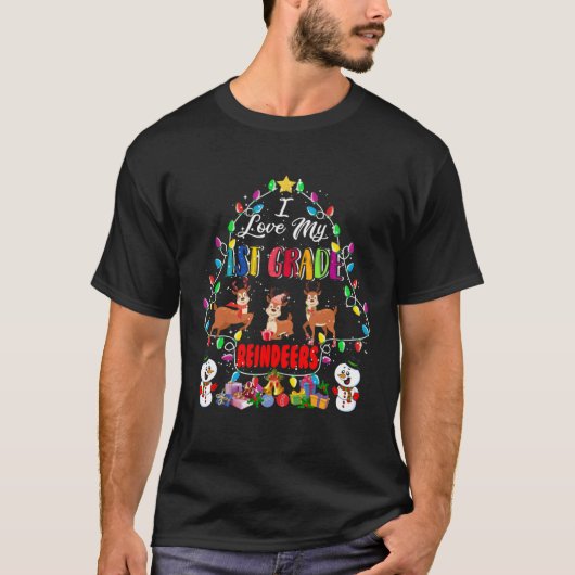 I Love My 1st Grade Reindeers Christmas Light Tree T-Shirt (Vorderseite)