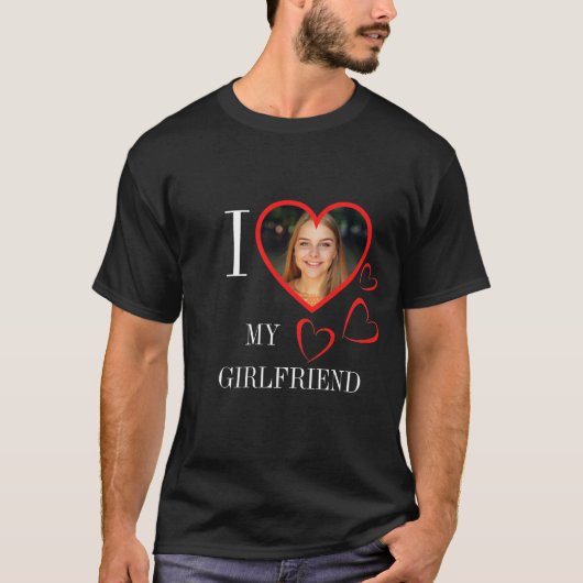 I Love My Girlfriend Custom Heart Photo Black T-Shirt (Vorderseite)