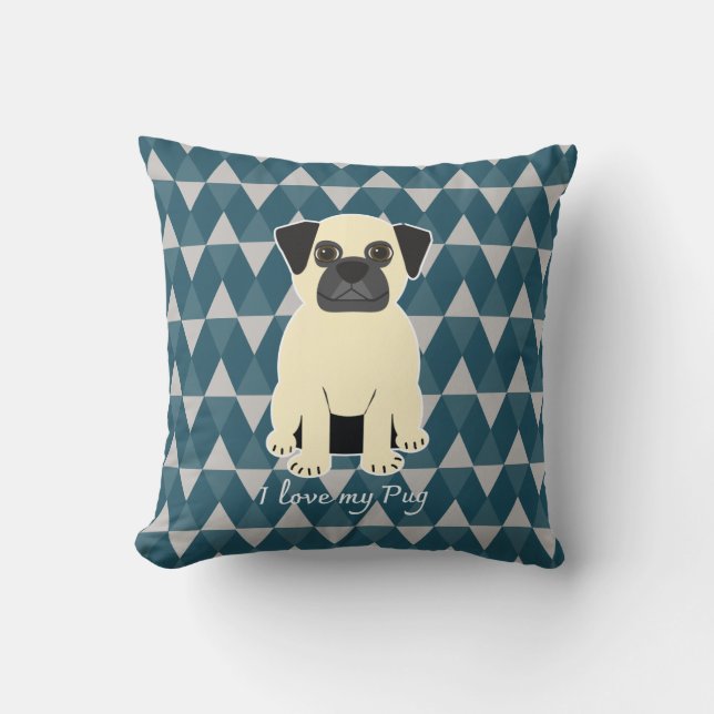 I love my Pug, Blue diamonds pattern Kissen (Vorderseite)
