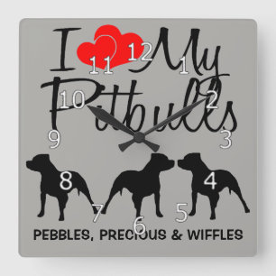 I Love My THREE Pitbulls Quadratische Wanduhr