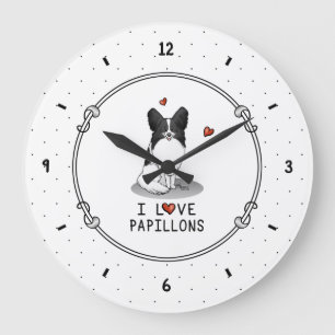 I Love Papillons (white & black) Hearts Dogs Cute Große Wanduhr