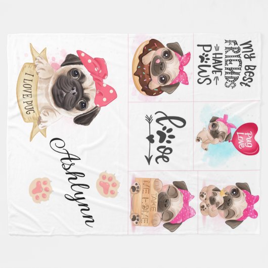 I Love Pugs Fleecedecke (Vorderseite (Horizontal))