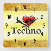 I love techno With a funny red heart singing Quadratische Wanduhr (Vorderseite)