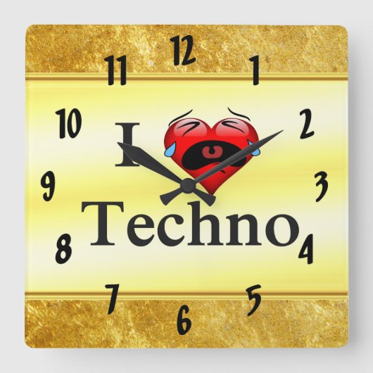 I love techno With a funny red heart singing Quadratische Wanduhr (Vorderseite)