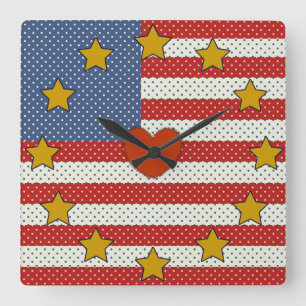 I Love The USA - Red, White, Blue Polka-Dot Flag Quadratische Wanduhr