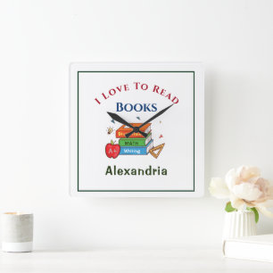 I Love To Read Books Child Student Personalize Quadratische Wanduhr