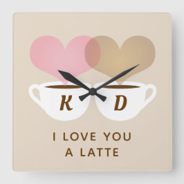 I Love You A Latte Custom Monogram Initials Coffee Quadratische Wanduhr