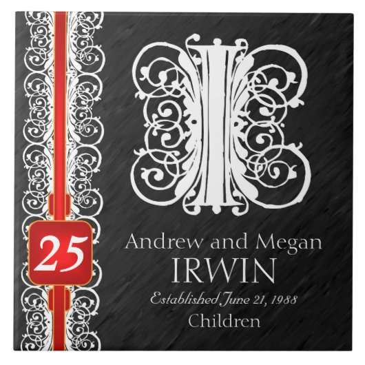 I Monogram "White Lace on Black" Anniversary Tile Fliese (Vorderseite)