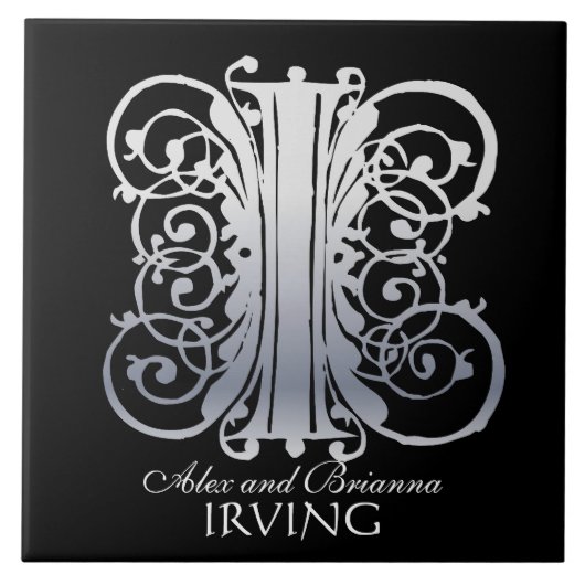 I Monogramm "Silver Lace on Black" mit Namenszug Fliese (Vorderseite)