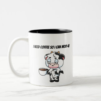 I Need Coffee So I Can Moo-ve | Funny Cow Design Zweifarbige Tasse