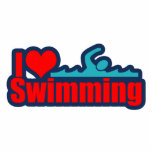 I schwimmende Liebe Fotoskulptur Ornament<br><div class="desc">Kaufen Sie dieses Geschenk für jedes,  das die schwimmenden Lieben.   Ein großes rotes Herz mit dem Wörter I die Liebe-Schwimmen und einer Schwimmer-Silhouette macht ein großes Geschenk nicht nur für Schwimmer,  aber für Swimmammen und Swimtrainer auch!</div>