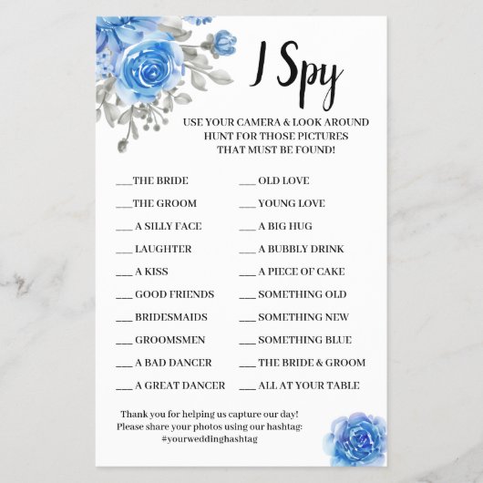 I Spy Blue Flowers Wedding Game Card Flyer (Vorne)