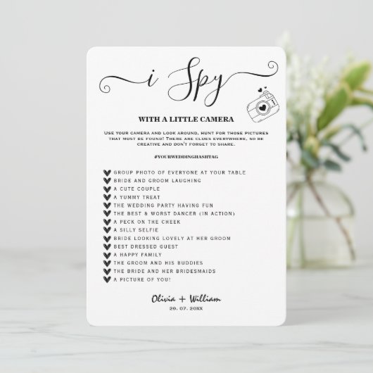 i Spy Foto Hunt Wedding Reception Scavenger Game Einladung (Stehend Vorderseite)