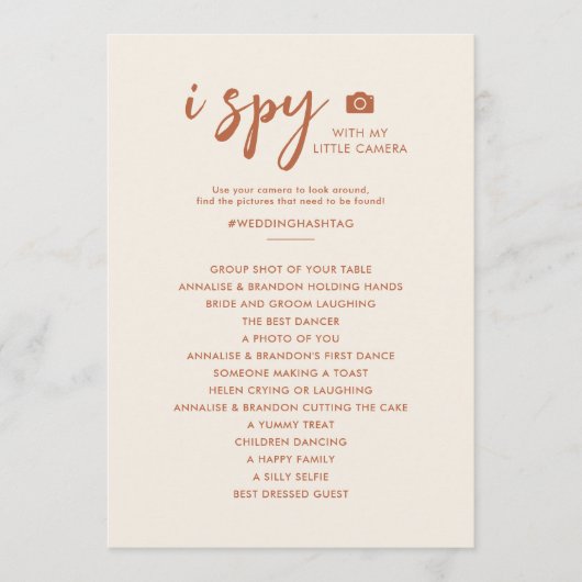 I Spy Foto Hunt Wüste Wedding Game Menu Menükarte (Vorderseite)