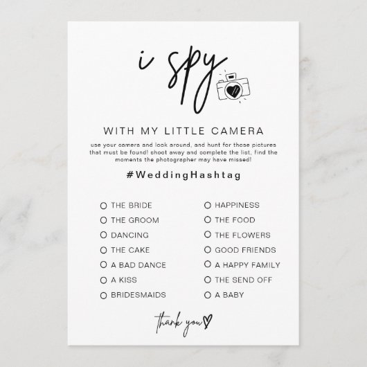 I Spy Hochzeitsspiel für Empfang Foto Jagd Spiel Programm (Vorderseite)