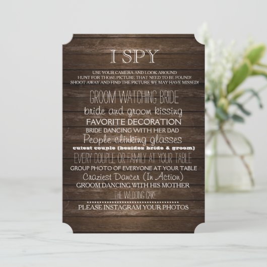 I Spy Wedding Game Wood Rustic Fotografy Einladung (Stehend Vorderseite)