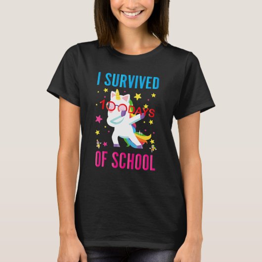 I Survived 100 Days Of School Dabbing Unicorn Flos T-Shirt (Vorderseite)