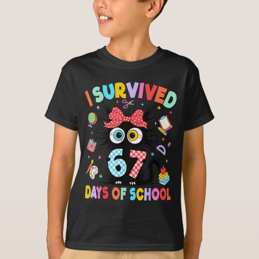 I Survived 67 Days Of School Six Seven Cat Teacher T-Shirt (Vorderseite)