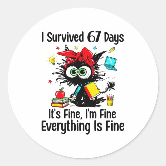 I Survived 67 Days Of School Teacher Students Cat  Runder Aufkleber (Vorderseite)