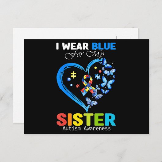 I Wear Blue For My Sister Autism Awareness Heart R Postkarte (Vorne/Hinten)