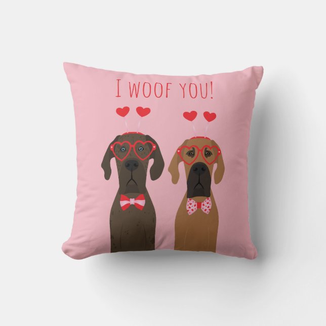I Woof You Valentinstag Great Dane Hunde Kissen (Vorderseite)
