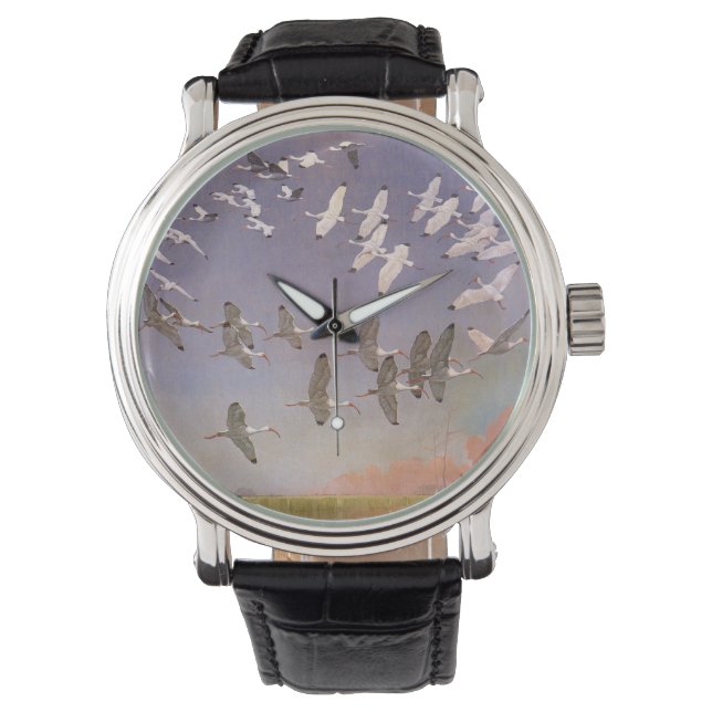 Ibis-Fliegen über Feuchtgebiete, Vintage Vögel Armbanduhr (Vorderseite)