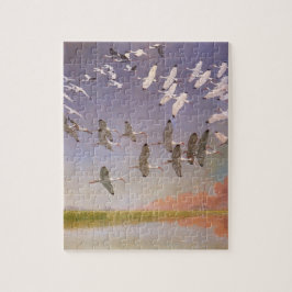 Ibis-Fliegen über Feuchtgebiete, Vintage Vögel Puzzle