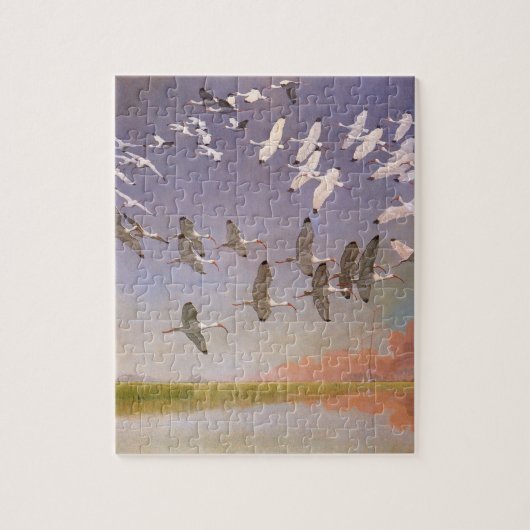 Ibis-Fliegen über Feuchtgebiete, Vintage Vögel Puzzle (Vertikal)