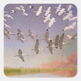 Ibis-Fliegen über Feuchtgebiete, Vintage Vögel Quadratischer Aufkleber