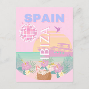 Ibiza, Spanien, Reisen Kunst, Preppy Art, Pink Feiertagspostkarte