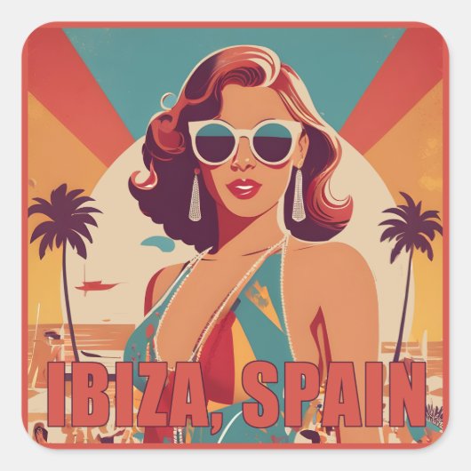 Ibiza, Spanien Reiseplakat Quadratischer Aufkleber (Vorderseite)