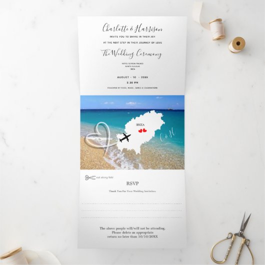 Ibiza Wedding Hochzeit in Urlaubsort Dreifach Gefaltete Einladung (Innenseite)