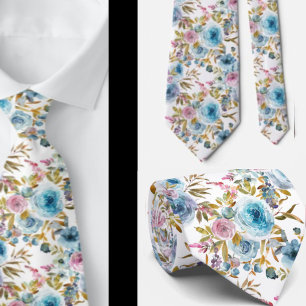 Ice Blue Blush Pink Floral Wasserfarbe Rose Krawatte