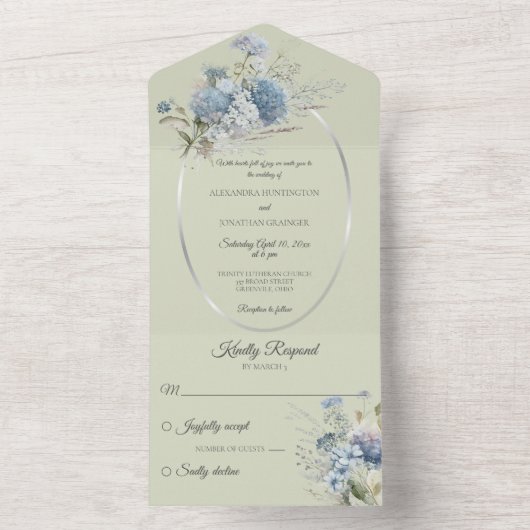 Ice Blue Bohemische Blume auf dem Sage Green All In One Einladung (Innen Boden)