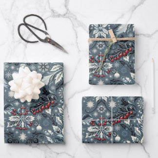 Ice Blue Christmas Snowflake und Holly Geschenkpapier Set