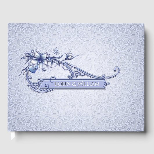 Ice Blue Floral Damask Wedding Guest Book Gästebuch (Vorderseite)