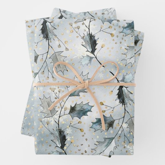 Ice Blue Gran Winter Holly Berries Goldener Schnee Geschenkpapier Set (Beispiel)