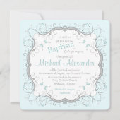 Ice Blue Grey Scroll Floral Taufen Einladung (Vorderseite)
