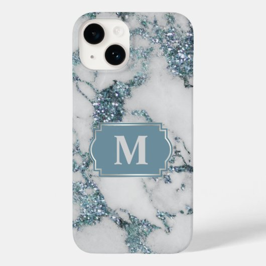 Ice Blue Imitats Marble Glitzer Monogram Case-Mate iPhone Hülle (Rückseite)