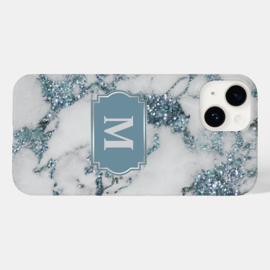 Ice Blue Imitats Marble Glitzer Monogram Case-Mate iPhone Hülle (Rückseite (Horizontal))