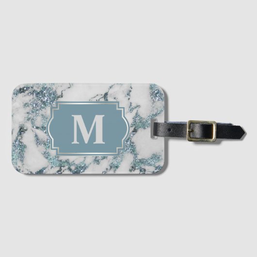 Ice Blue Imitats Marble Glitzer Monogram Gepäckanhänger (Vorderseite (Horizontal))