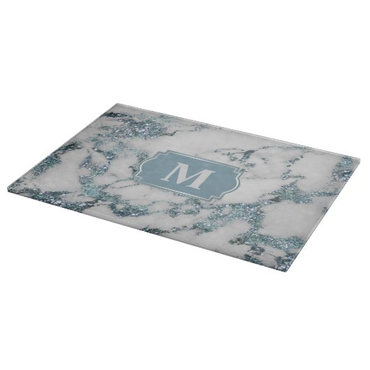 Ice Blue Imitats Marble Glitzer Monogram Schneidebrett (Ecke)