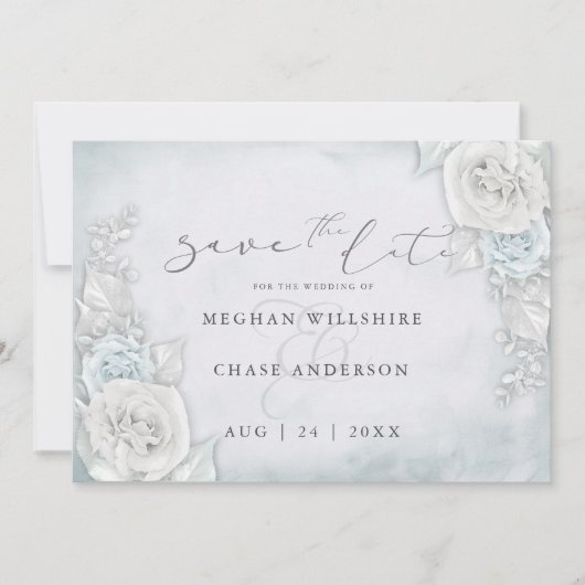 Ice Blue Shimmery Rose Save the Date (Vorderseite)