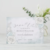 Ice Blue Shimmery Rose Save the Date (Stehend Vorderseite)