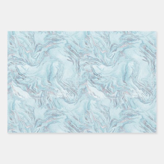 Ice Blue Silver Marble Glitz Geschenkpapier Set (Vorderseite)