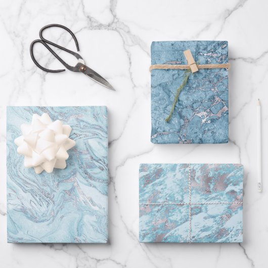 Ice Blue Silver Marble Glitz Geschenkpapier Set (Vorderseite)