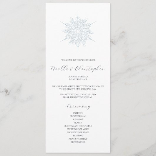 Ice Blue Snowflake Elegante Winterhochzeit Programm (Vorderseite)