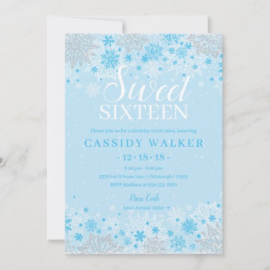Ice Blue Snowflake Winter Wonderland 16 . Geburtst Einladung (Vorderseite)