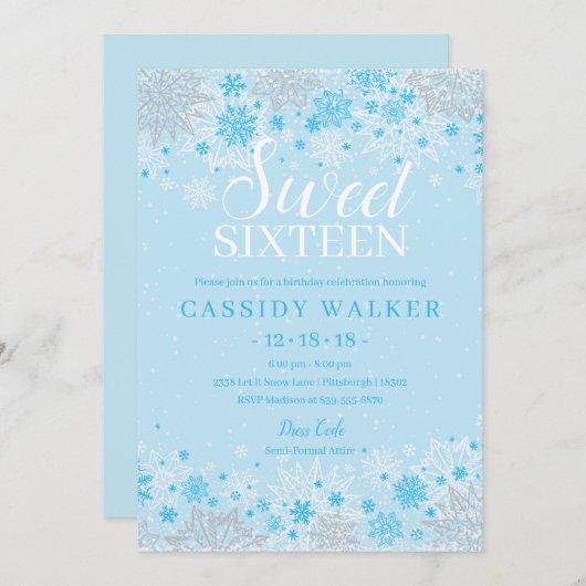 Ice Blue Snowflake Winter Wonderland 16 . Geburtst Einladung (Vorne/Hinten)